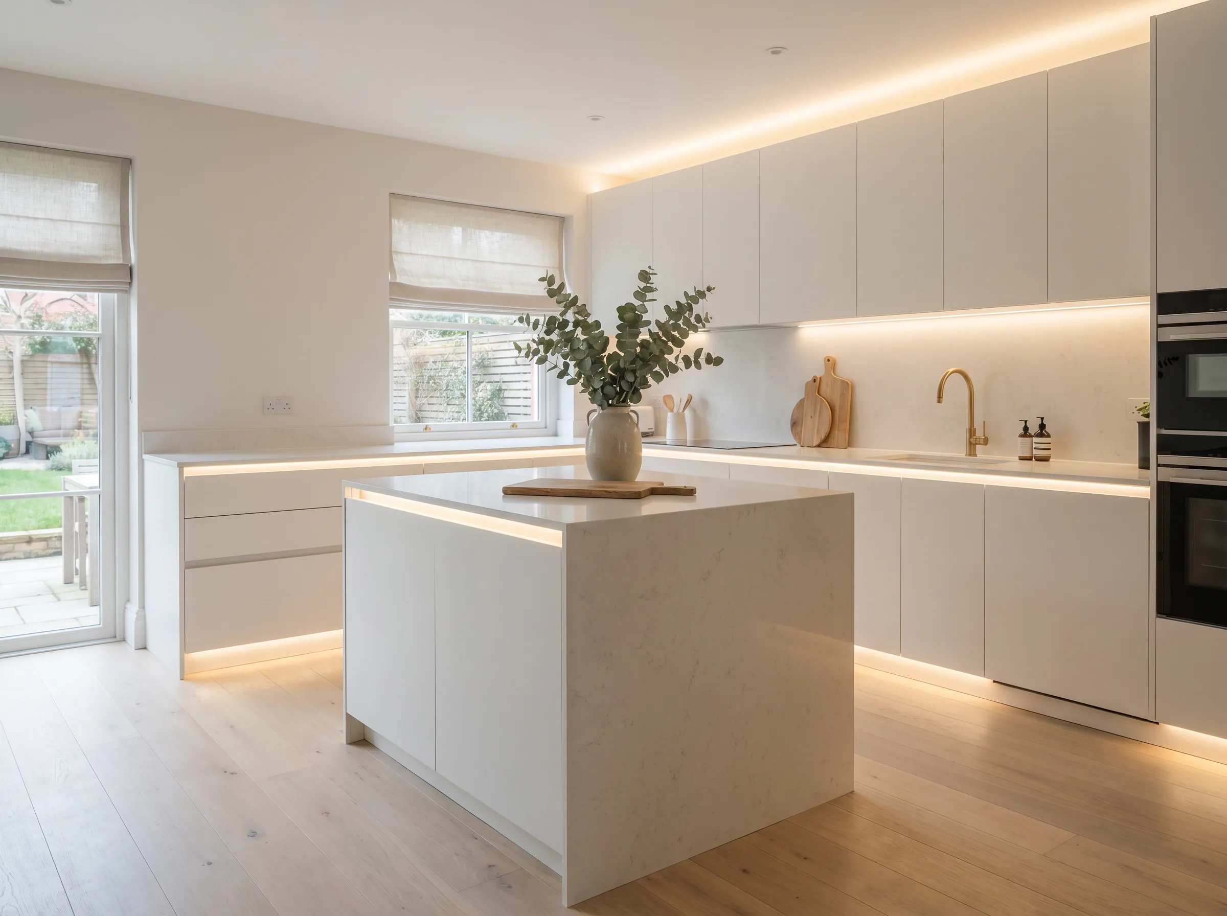 Modern kitchen with freshly painted white cabinets and matte finish