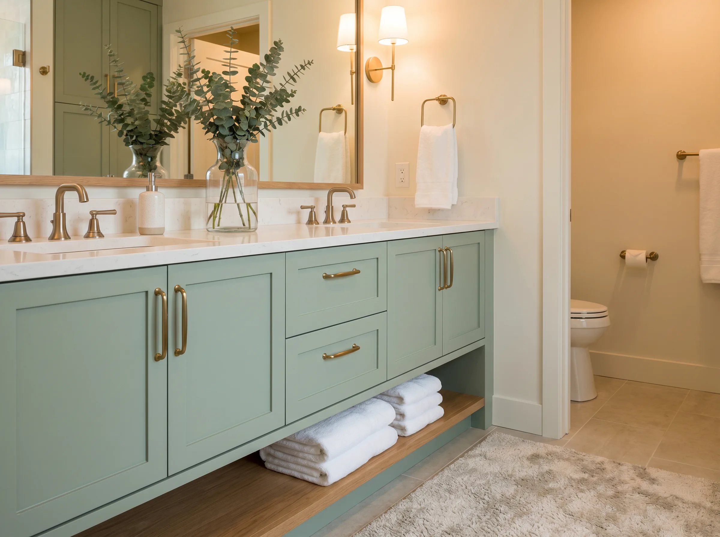 Bathroom vanity with freshly refinished cabinets in a modern white finish