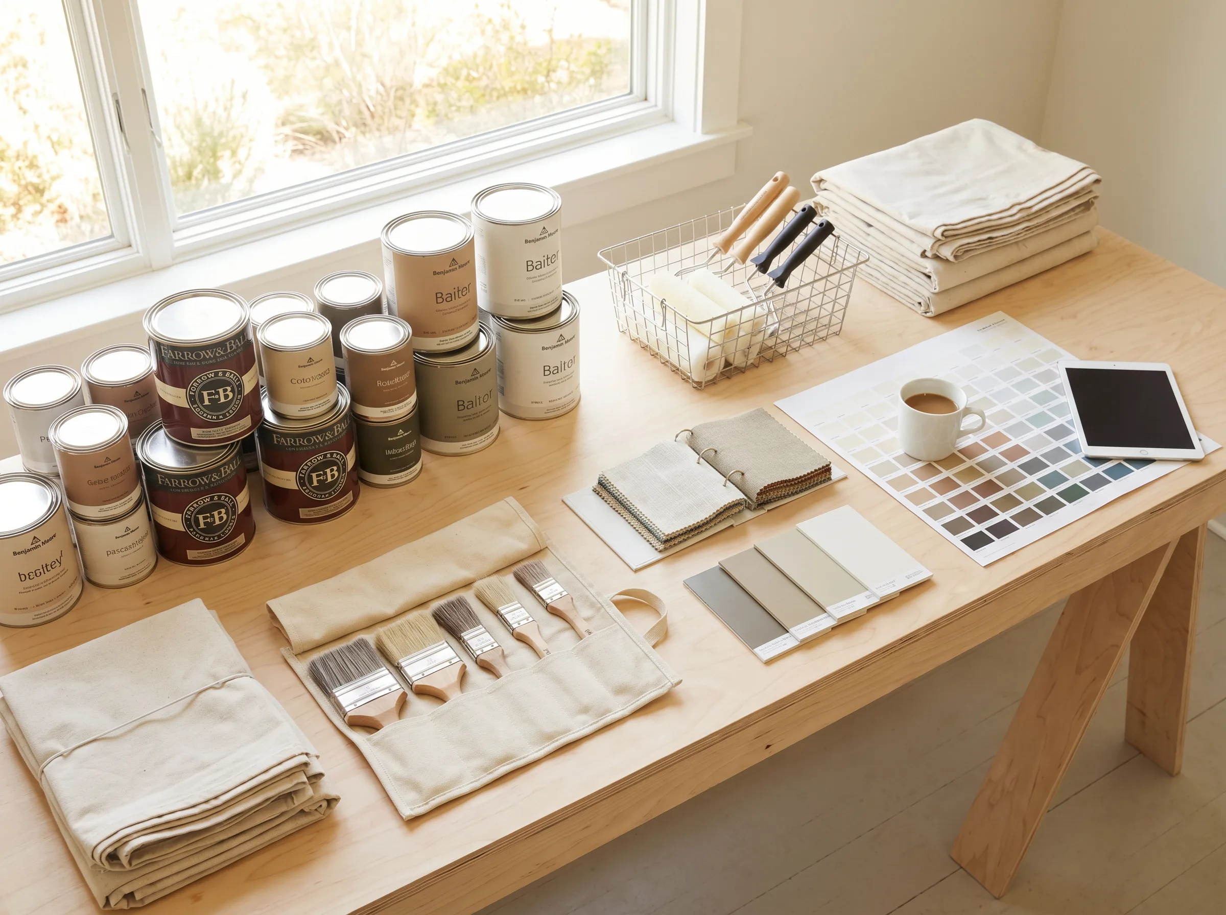 Professional painting workspace with organized supplies and color consultation materials