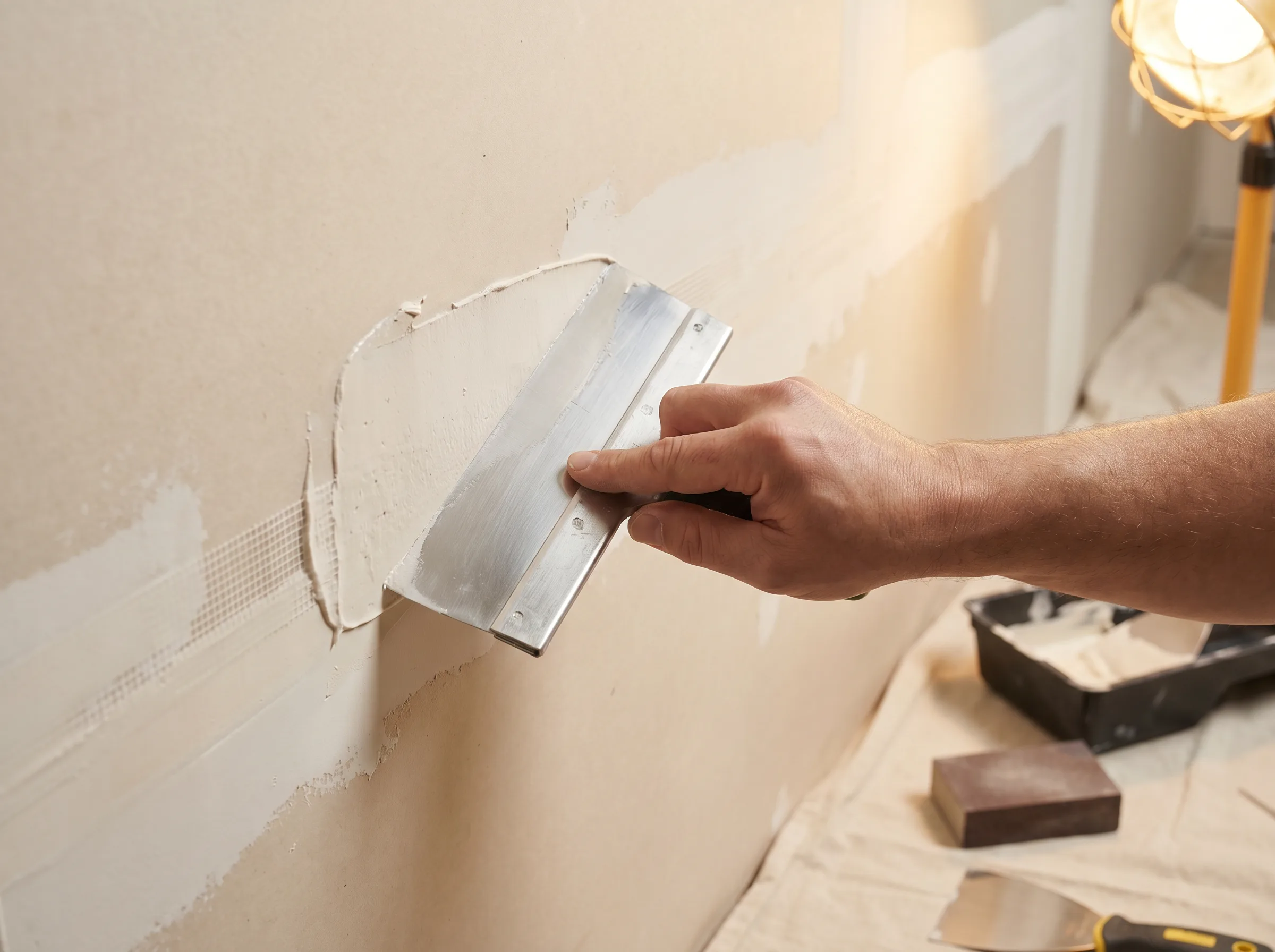 Professional drywall repair and skim coating in progress
