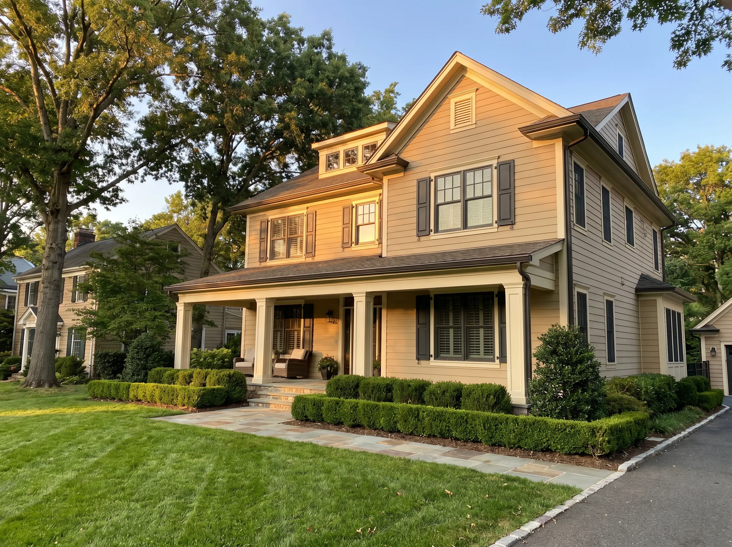 Freshly painted American home exterior with clean siding and trim