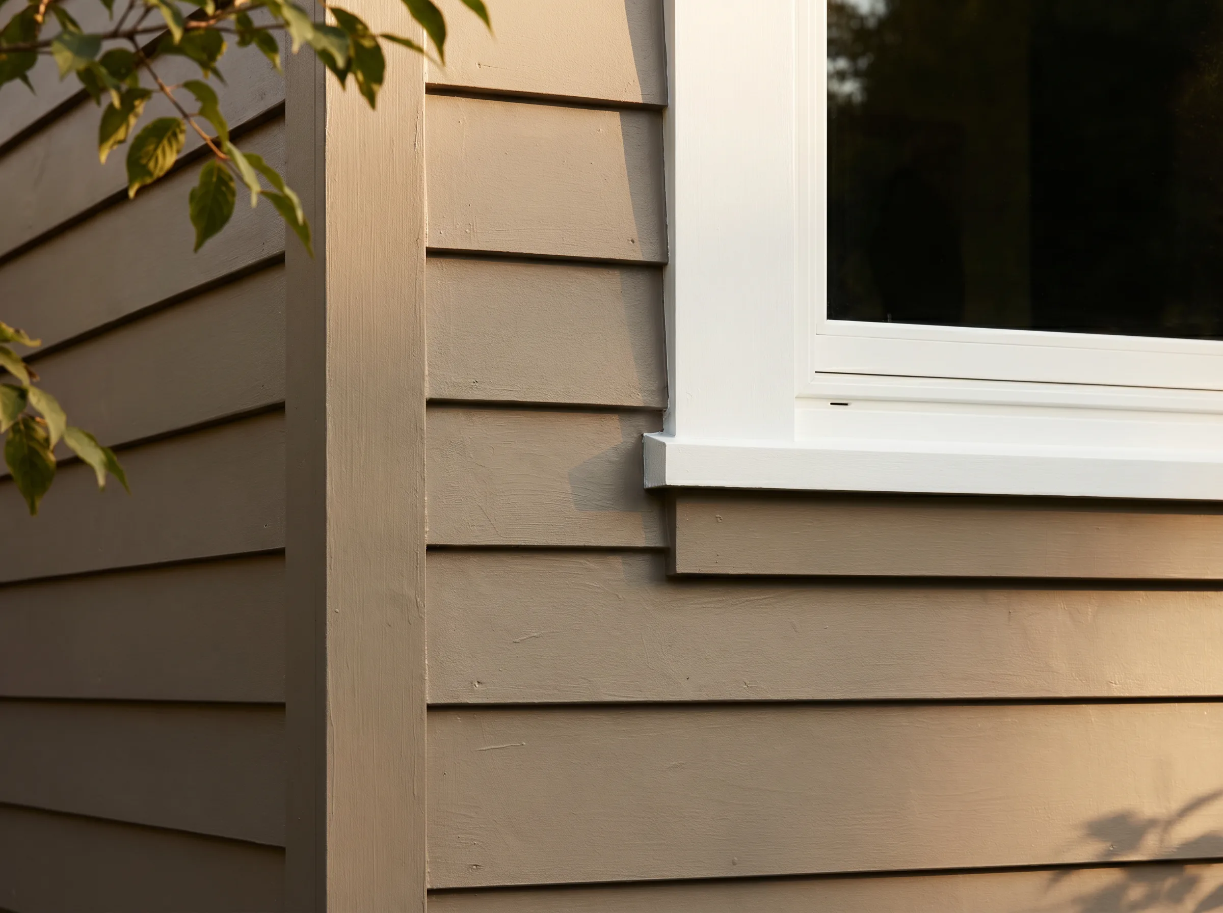 Detail of exterior siding being painted with weather-resistant coating
