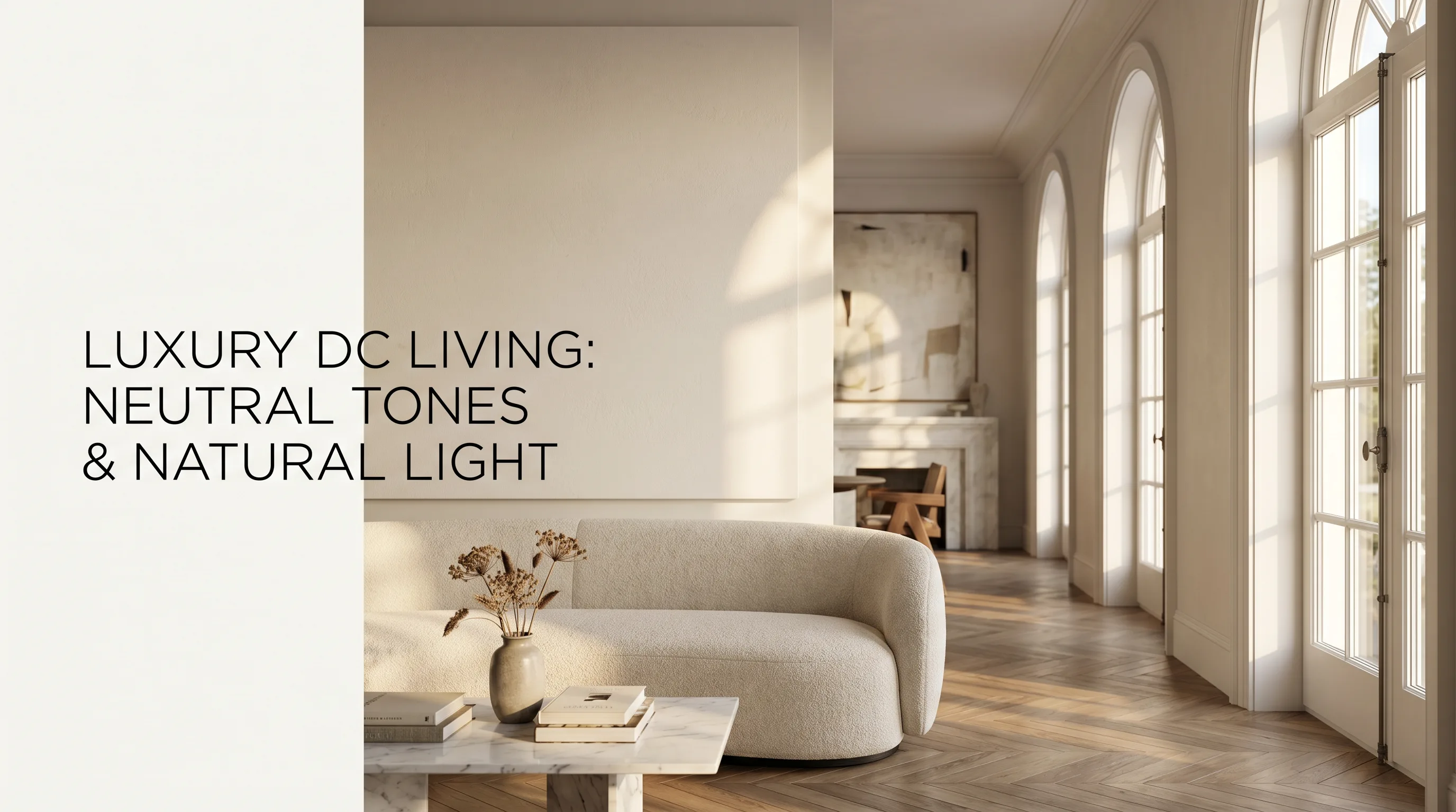 Luxury freshly painted living room in Washington DC with warm neutral tones and natural light