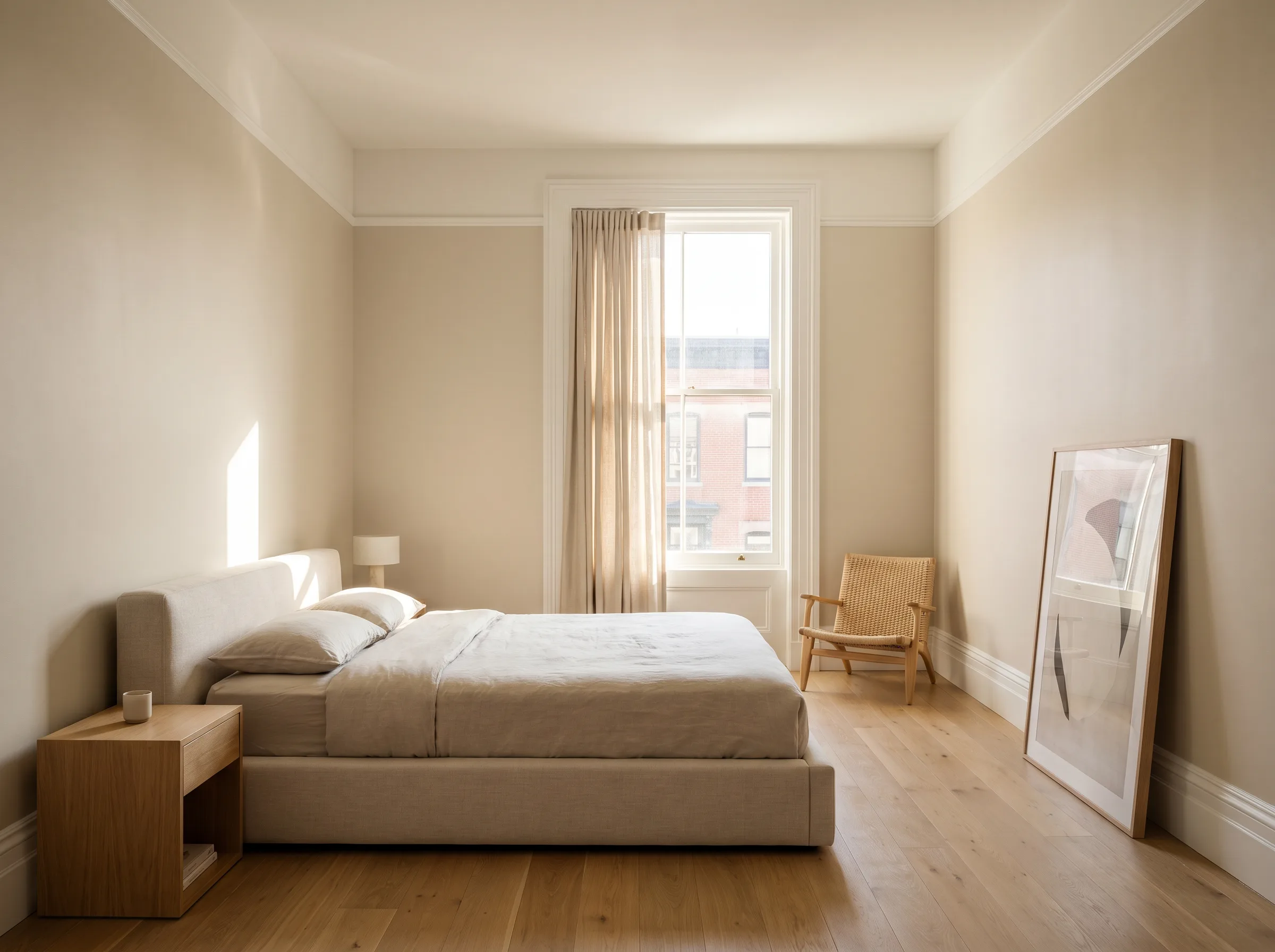 Freshly painted bedroom with soft neutral walls and crisp white trim in a Washington DC home