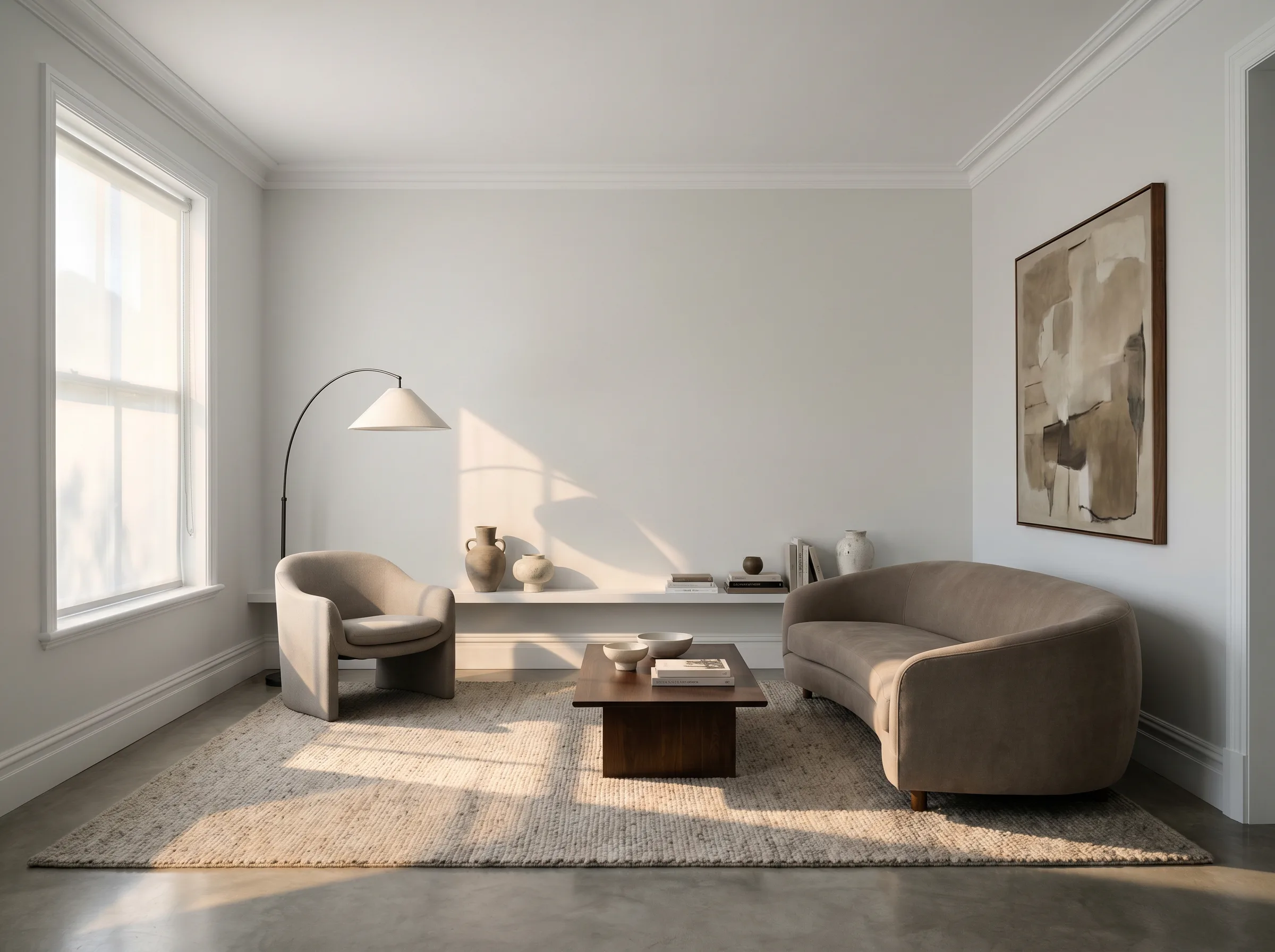 Modern interior with freshly painted neutral walls and clean trim lines