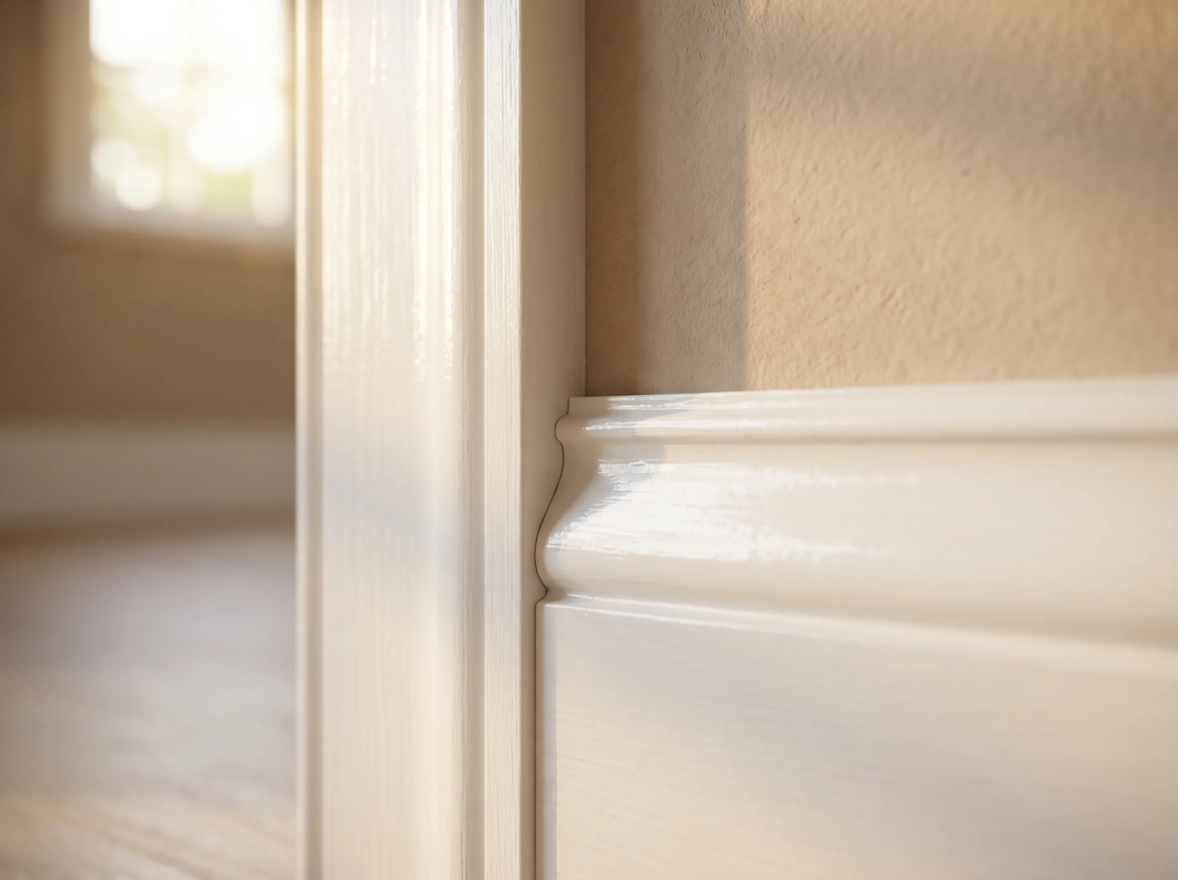 Close-up of perfectly painted white trim showing crisp clean lines and flawless finish