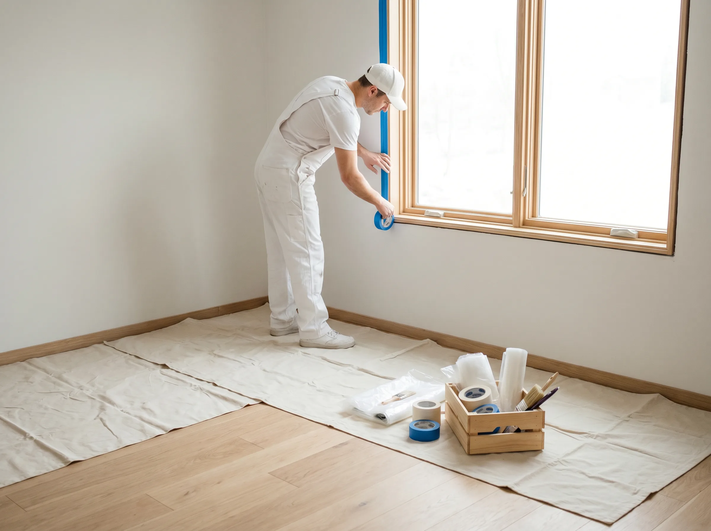 Professional painter carefully masking a room with blue tape before painting
